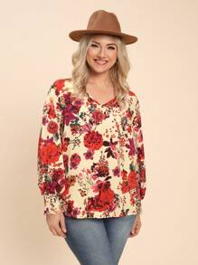 SHEIN LUNE Áo cánh họa tiết hoa thanh lịch cỡ lớn cho mùa thu đi chơi Lễ Tạ ơn dành cho phụ nữ trong kỳ nghỉ năm mới - Nhiều màu - Xem 5