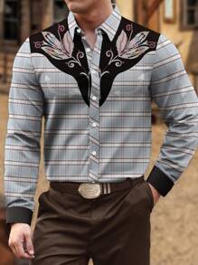 Manfinity Homme Men's Plants And Plaid Print Vintage Long Sleeve Loose Fit Collar Shirt, Spring/Autumn, For Prom, Friends - Multicolor - View 3