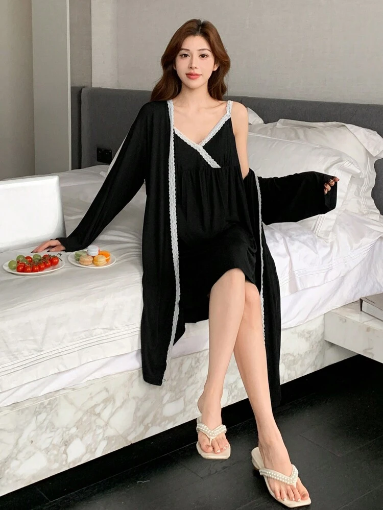 1set Women Two-Tone Lace Patchwork Cami Dress And Robe Sleepwear Set Pajama