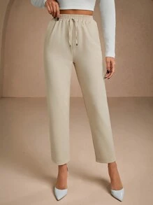 SHEIN PETITE Petite Pants With Drawstring, Slanted Pockets - Beige - View 6