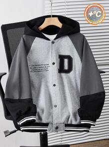 SHEIN 青少年男孩休闲连帽彩色字母和英文印花夹克，运动服校园飞行员外套，适合日常穿着、百搭和校园风格 - 彩色 - 查看 1