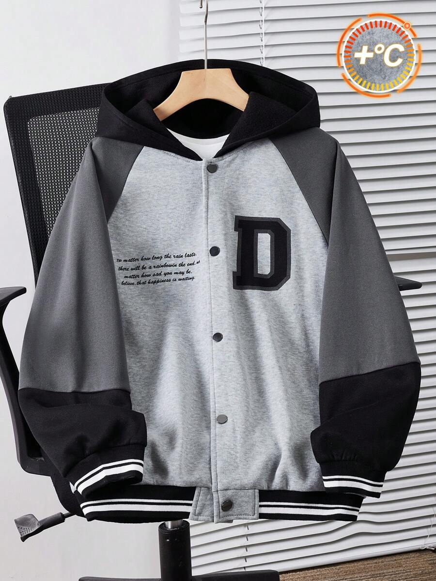 SHEIN 青少年男孩休闲连帽彩色字母和英文印花夹克，运动服校园飞行员外套，适合日常穿着、百搭和校园风格 - 彩色 - 查看 1