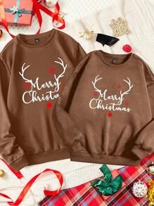 Manfinity Homme 圣诞休闲驯鹿鹿角与字母印花套头圆领羊毛衫男士 - 棕色 - 查看 1