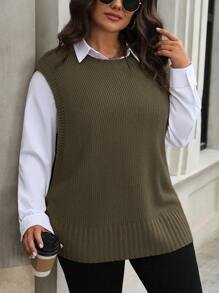 SHEIN LUNE Áo vest dệt kim màu trơn thường ngày cỡ lớn cho nữ, không bao gồm áo sơ mi - Màu nâu  Mocha - Xem 5