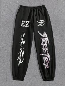 Manfinity VCAY Men Letter & Flame Print Drawstring Waist Loose Fit Knit Sweatpants Going Out Baggy Black Sweatpants, For Husband, Boyfriend Gifts