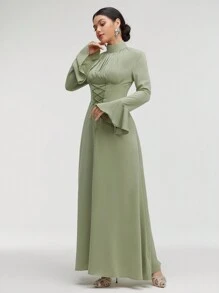 Veilorie Ladies' Solid Color Simple Daily Long Dress With Arabic Rope Modest - Mint Green - View 8