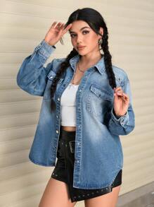 SHEIN EZwear Casual Washed Flap Pocket Denim Shirt, Autumn