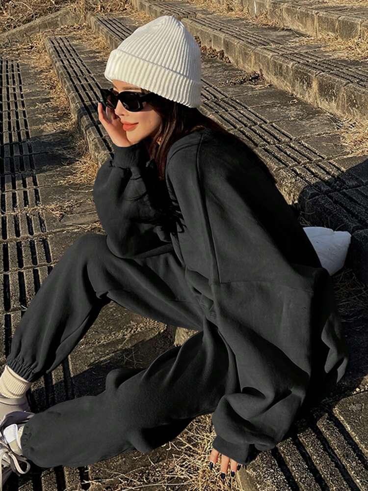 2 piezas Conjunto deportivo casual para mujer, color negro, para primavera/verano/otoño, ropa de mujer, conjuntos de chándal, conjunto de mujer con capucha y ropa de estar en casa