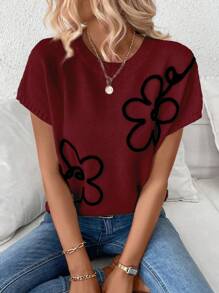 SHEIN LUNE Floral Pattern Wide Strap Short Sleeve Knit Sweater Top For Women For New Year Clothes