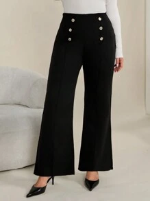 RueChic Plus Women's Double Breasted Button Decoration Flared Pants - Black - View 4