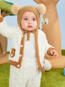 SHEIN 新生婴儿可爱卡通熊刺绣长袖连体衣 - 白色 - 查看 3