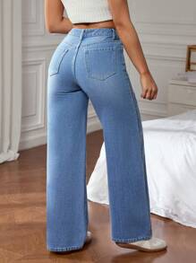SHEIN EZwear Quần Jeans Thường Ngày Có Túi Cài Nút Phía Trước Cho Nữ - Màu xanh lam - Xem 2