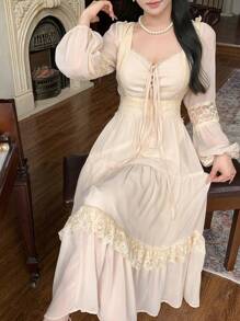 DAZY 女士宫廷风纯色荷叶边长袖连衣裙，新年舞会礼服，秋季优雅女士连衣裙长款连衣裙 - 米色 - 查看 2