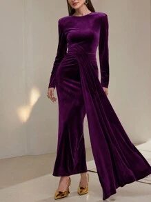 Modelyn 1pc Women's Solid Color Round Neck Long Sleeve Splice Ribbon Fitted Elegant Dress Long Evening Dresses - Purple - View 2