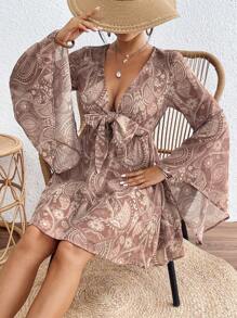 SHEIN VCAY Vestido-mono de mujer con cuello en V estampado tejido, mangas de campana y nudo delantero, vestidos casuales para mujer