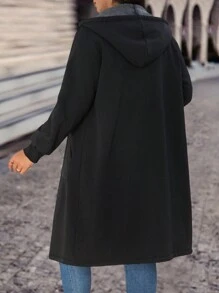 EMERY ROSE Plus Size Solid Color Drawstring Hooded Fleece Coat, Casual Wear For Autumn/Winter Fall Cloth For Women - Black - View 2