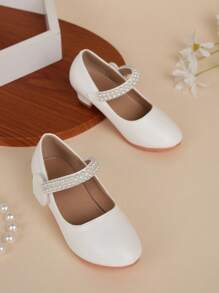 1pair Girls High Heel Flats Princess Leather Shoes, Suitable For Spring & Autumn - White - View 2