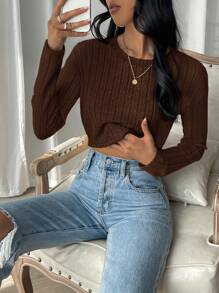 SHEIN EZwear 春装纯色罗纹针织短款 T 恤 - 棕色 - 查看 3