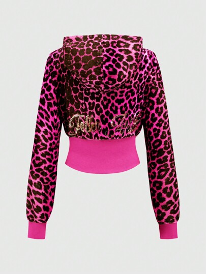 J-Fashion Sweat-shirt vintage et rétro pour femmes en velours avec imprimé léopard et strass sur capuche