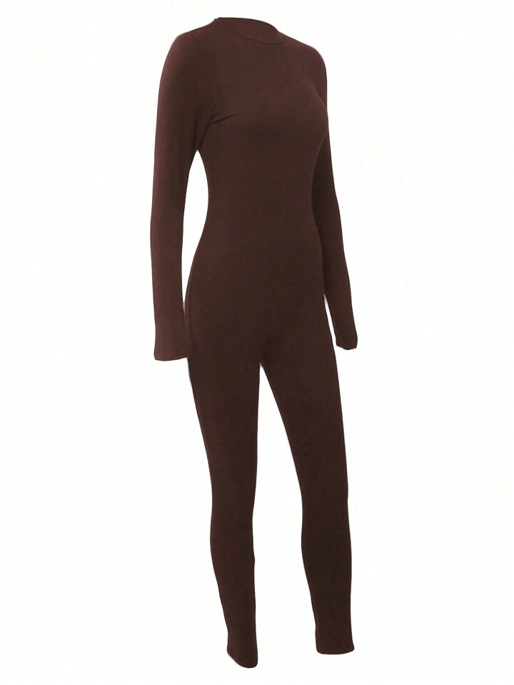 SHEIN Slayr Women Solid Color Long Sleeve Casual T-Shirt And Matching Skinny Jumpsuit, Autumn