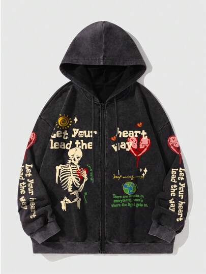 Street Life Sudadera con capucha de manga larga con cremallera, cuello alto, eslogan lavado y estampado de calavera, para hombre, otoño