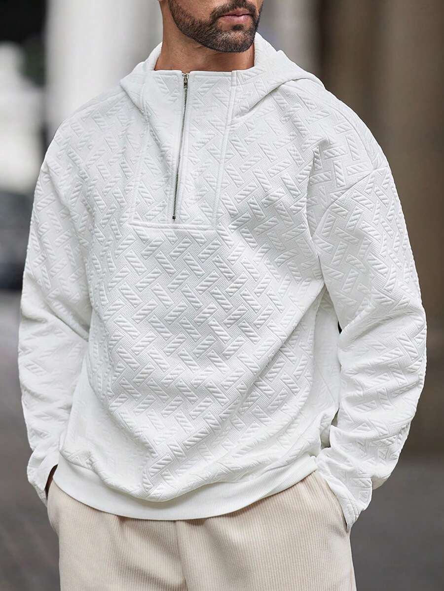 Manfinity Homme Men's Solid Color Long Sleeve Half Zip Up Loose Casual Hoodie Sweatshirt, For Autumn/Winter - White - View 1