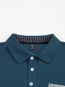Calvornis Men Contrast Plaid Print Front Button Casual Long Sleeve Polo Shirt, For Fall, Formal, Ceremony - Cadet Blue - View 3