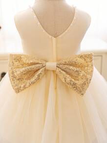 Glamorique Kids 圣诞派对装女婴蕾丝缎带蝴蝶结装饰公主裙，金色亮片珠饰，圣诞老人裙，圣诞女婴裙，香槟色礼服，适合女婴派对、生日、新年 - 香檳色 - 查看 6