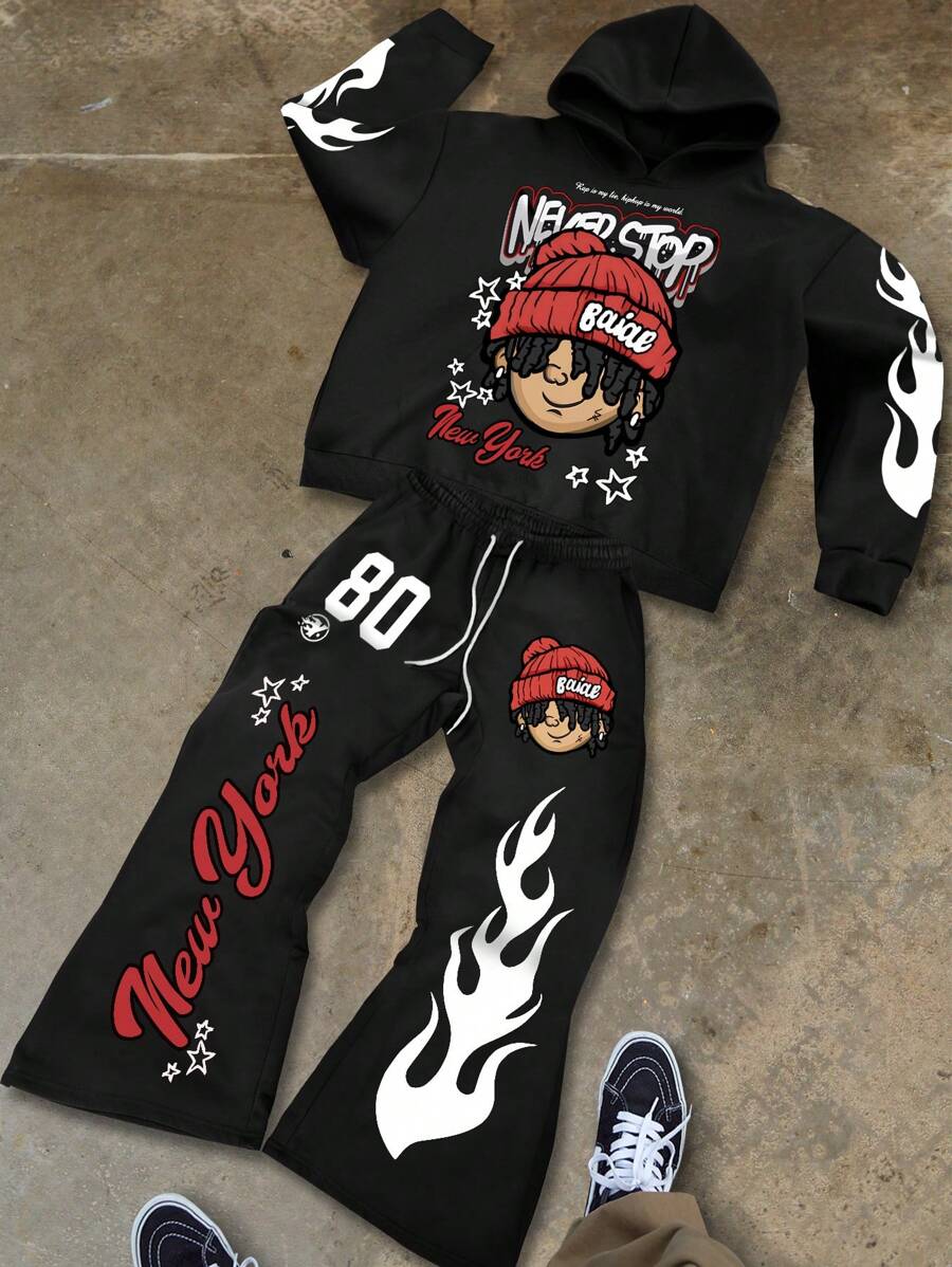 Manfinity Roghcode Men's Cartoon & Flame Print Hooded Sweatshirt And Drawstring Pants Casual Tracksuit - Black - View 1