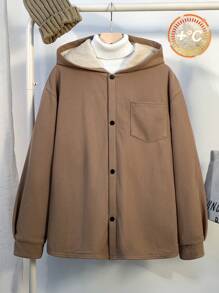 SHEIN TeenBoys 1 件休闲百搭舒适保暖简约风格华夫格纹理面料毛绒衬里保暖连帽厚夹克返校节；文艺复兴；秋季服装；青少年男孩服装；秋季夹克；秋季服装秋冬 - 駝色 - 查看 1