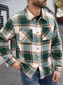 Manfinity Homme Plus Size Men's Plaid Print Button-Up Casual Long Sleeve Casual Going Out Colorful Shacket, For Friends, Husband, Boyfriend Gifts, Men Flannel Shirts, Flannel Long Sleeve Men, Plaid Button Up Men, Fall/Winter