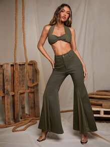Denimoi Women's Solid Color High Waist Pockets Splicing Mesh Flare Pants, Elegant - Olive Green - View 1