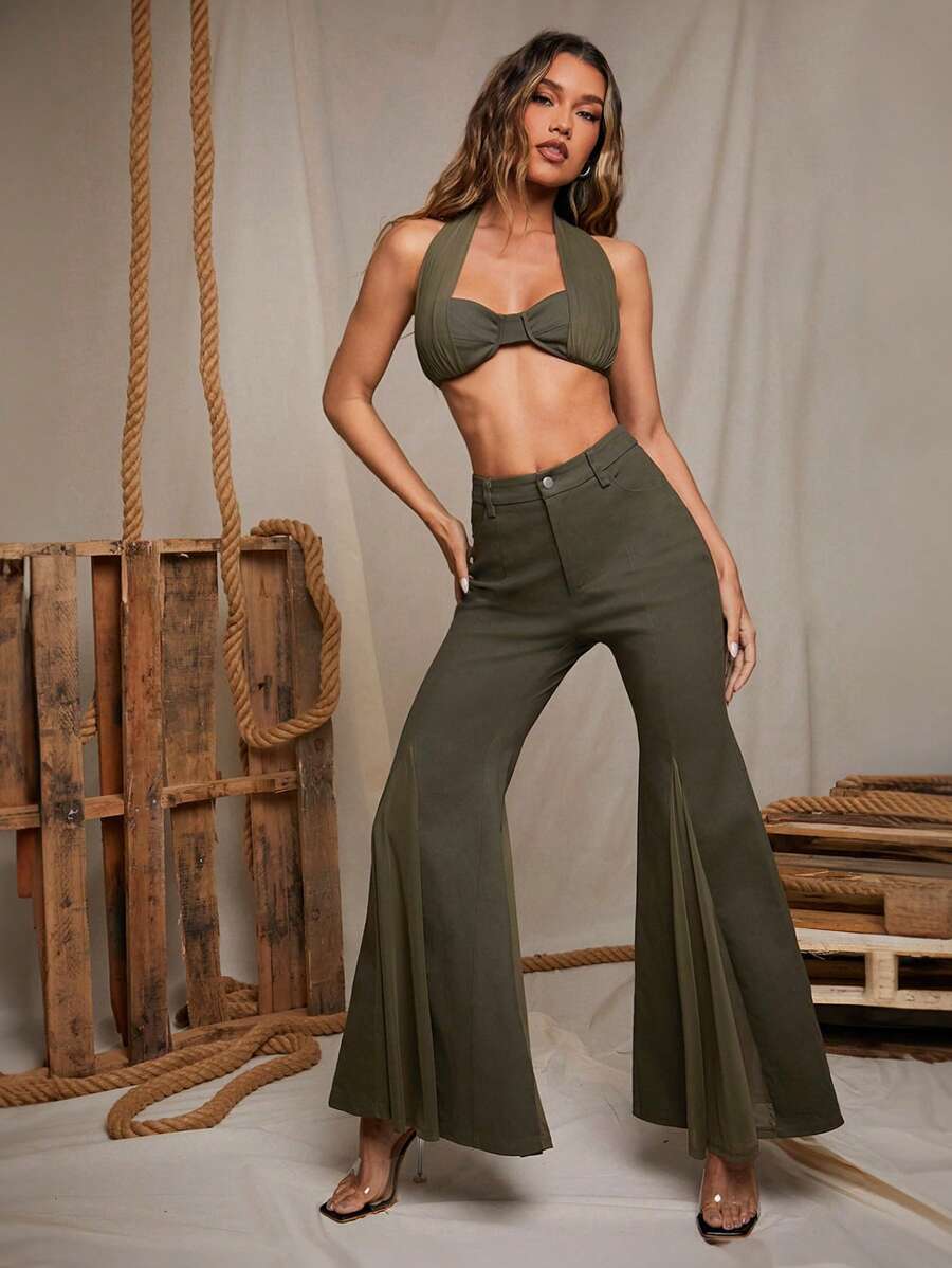 Denimoi Women's Solid Color High Waist Pockets Splicing Mesh Flare Pants, Elegant - Olive Green - View 1