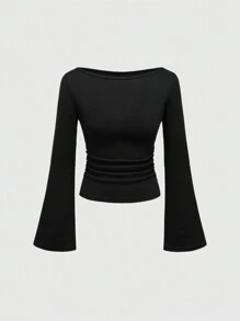 ROMWE Goth 性感基本款 V 领喇叭袖纯色紧身女式 T 恤