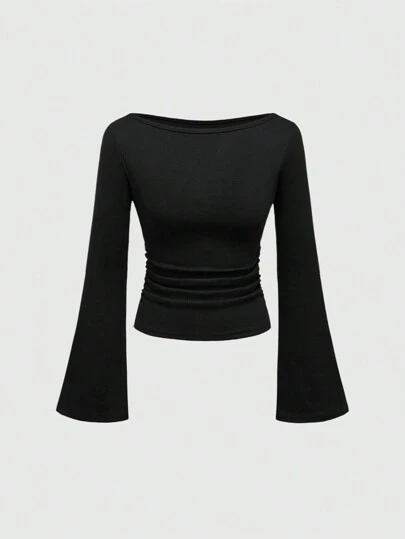 Goth Sexy Basic V-Neck Flare Sleeve Solid Color Bodycon Women T-Shirt