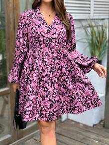 Plus Size V-Neck Floral Print Casual Versatile Long Sleeve Dress - Pink - View 4