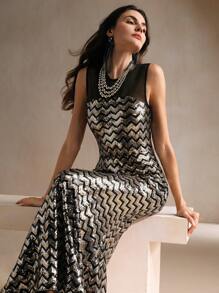 Anewsta Elegant Wave Pattern Beaded Women Long Dress, Spring/Autumn For Holiday Party Clothes Maxi Sequin Women Outfit