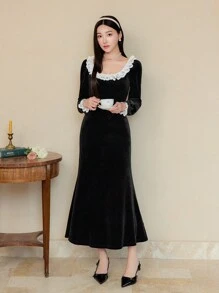 EastFlair Fall Winter Women's Lace Trim Velvet Elegant Black Long Sleeve Dress,For Party And Date, Holiday Dress,Christmas Party Dress,
