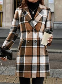 SHEIN Clasi 1 pezzo Cappotto lungo a metà lunghezza con maniche lunghe a quadri marrone per donna, adatto per autunno/inverno - Castano - Visualizzare 3