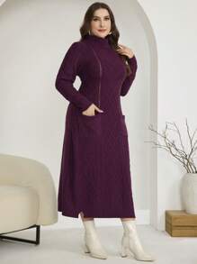 Mulvari Plus Size Fall Casual Simple Elegant Double Pocket Sweater Dress
