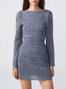 LYSMO 1pc Fashionable Fluffy Mini Back Cutout Dress, Autumn - Grey - View 3