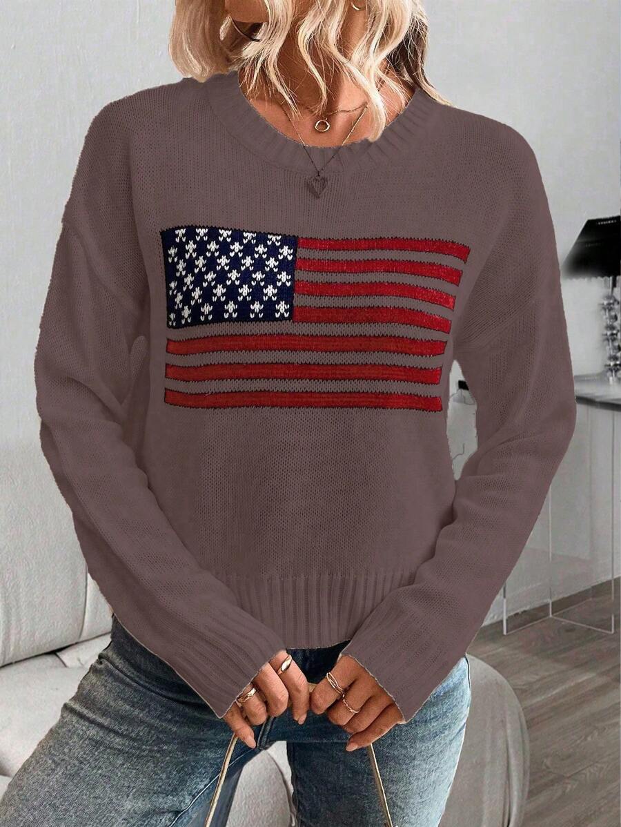 SHEIN LUNE Women USA Flag Pattern Crew Neck Drop Shoulder Long Sleeve Casual Sweater, Autumn Knit Pullover Fall Winter - Multicolor - View 1