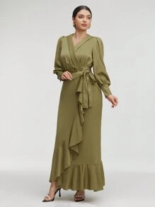 Veilorie Women Dresses Berikat Ruffle Hem Membungkus Plain Anggun - Hijau Tentara - View 4
