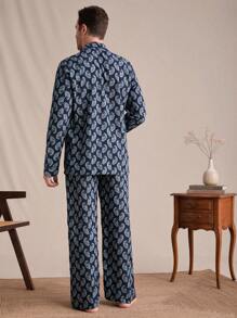 EverLounge 2 件男士休闲全印花前扣衬衫和裤子家居服套装，秋季 - 彩色 - 查看 3
