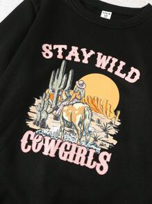 SHEIN Girls Digital Desert Print Pink Crew Neck Sweatshirt, Cool Street Style, Suitable For Spring & Autumn - Black - View 6