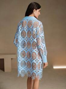 Anewsta Vestido casual de vacaciones con bordado floral, diseño calado, cuello y mangas farol - Azul - Ver 2