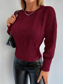 EURMUSE 女士纯色麻花图案长袖修身套头毛衣，秋冬款 - 酒紅色 - 查看 3