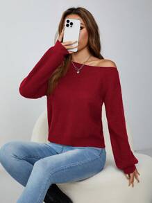 SHEIN PETITE 套头斜肩罗纹女式毛衣，长袖上衣 - 紅色 - 查看 7