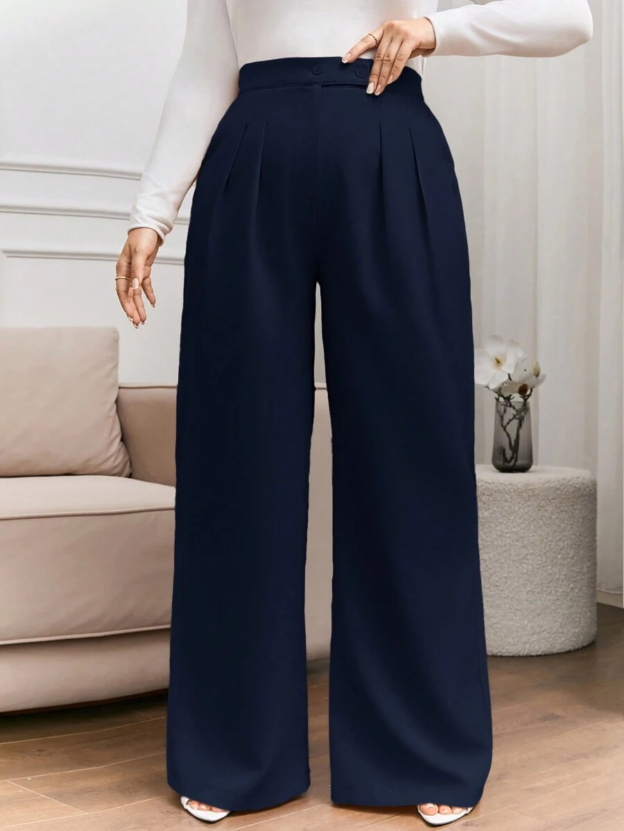 EURMUSE Plus Size Women's High Waisted Loose Pants With Bow Pleated & Button Detail - Navy Blue - View 1