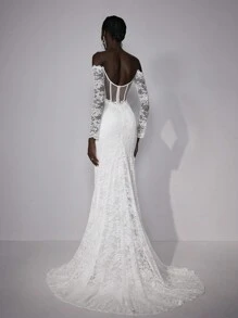 Elitara 优雅浪漫华丽的白色蕾丝全蕾丝露肩长袖蕾丝鱼尾透视U型大露背长拖尾婚礼礼服，适合新娘、新娘礼服、情人节等场合。 - 白色 - 查看 2